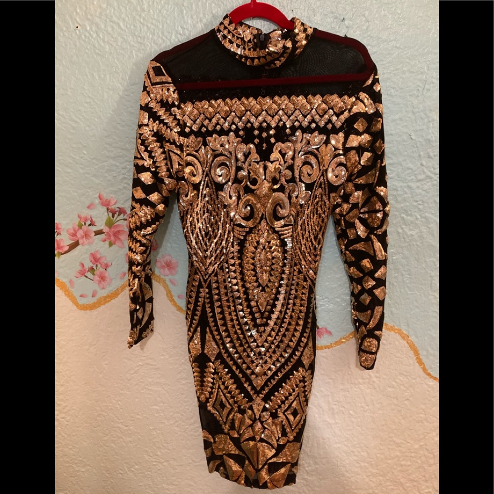 Gold sequined black mesh short evening dress